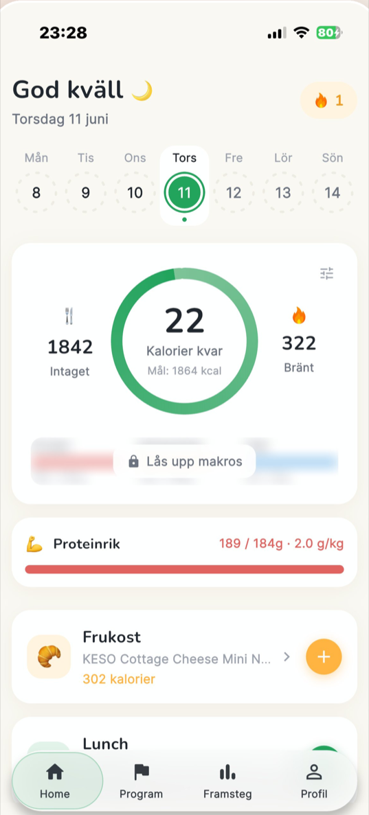 Morots hemskärm med dagens kalorier, makros och måltider