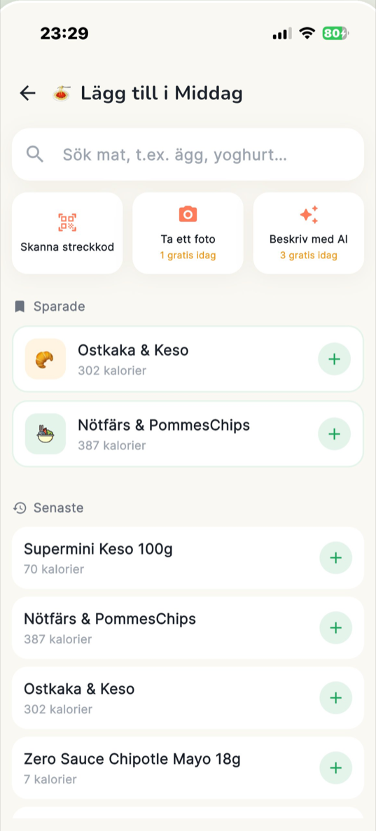 Logga mat i Morot med sök, streckkod, foto eller beskrivning