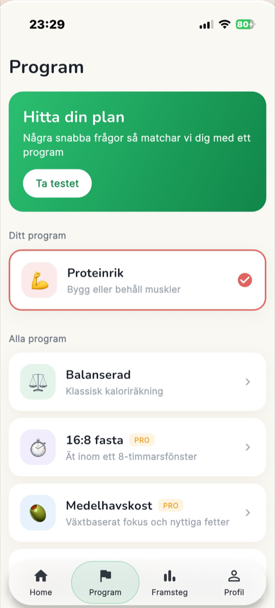 Programvyn i Morot med planer som Proteinrik och 16:8 fasta